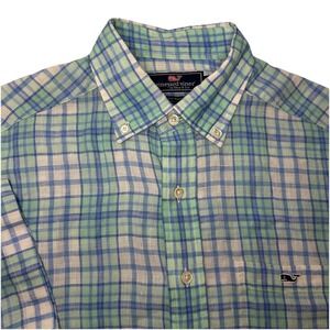 Vineyard Vines Classic Fit Tucker Shirt Mens Medium Blue Plaid Linen Casual